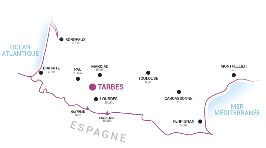 Carte de localisation de Tarbes dans les Hautes-Pyrénées