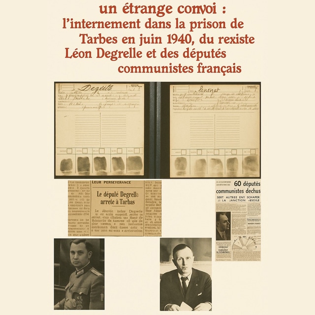 Affiche avec coupures de journaux et empreintes digitales de Léon Degrelle at députés lors de leur internement en prison en juin 1940.