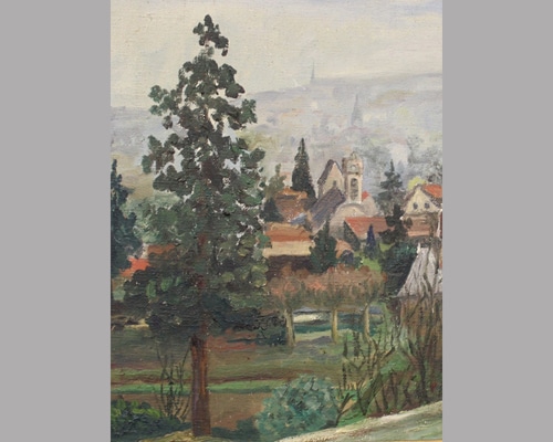 Expo Zelman Utkès Visuel d'une toile de Zelman Utkès, paysage village de campagne avec couleurs claires