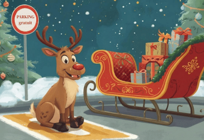 Image d'un petit renne avec traineau stationnés sur une place de parking gratuite prendant les fêtes de fin d'année.