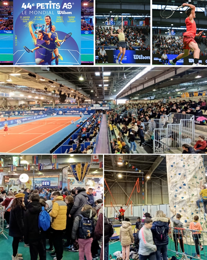 Montage de visuels de présentation des petits As avec affiche 2026, joueurs de tennis, ambiance générale pendant le tournoi.