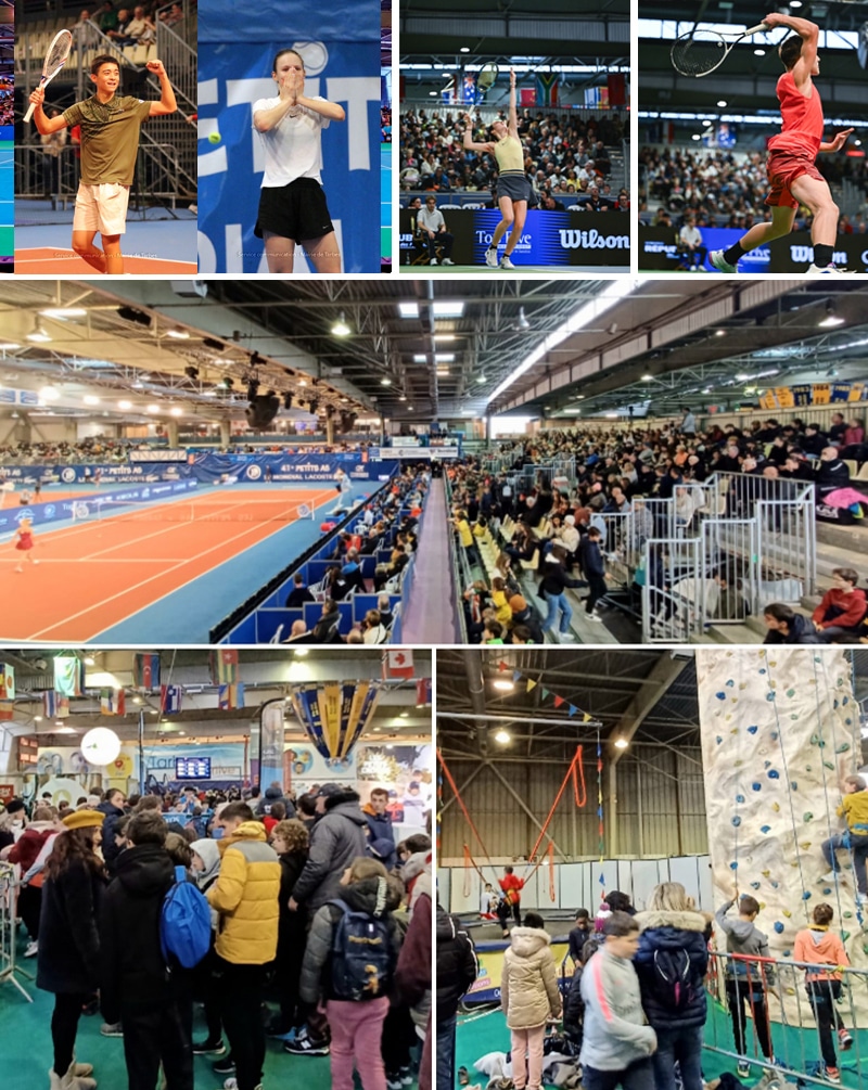 Montage de visuels de présentation des petits As avec affiche 2026, joueurs de tennis, ambiance générale pendant le tournoi.